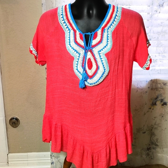 Pink Crochet Flowy Beachy Blouse Women's Size S/M Vanessa's Moda - Picture 1 of 9